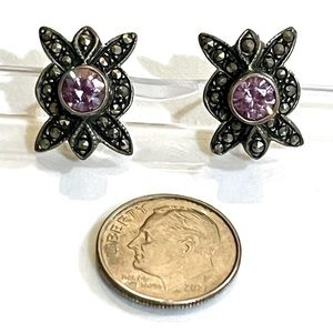 BOGO > Vintage Sterling Silver Amethyst Marcasite Post Back Earrings